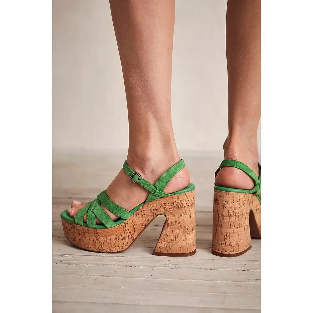 Free People Lisbon MJ Platform Sandals In Goddess Green Suede Size 39.5